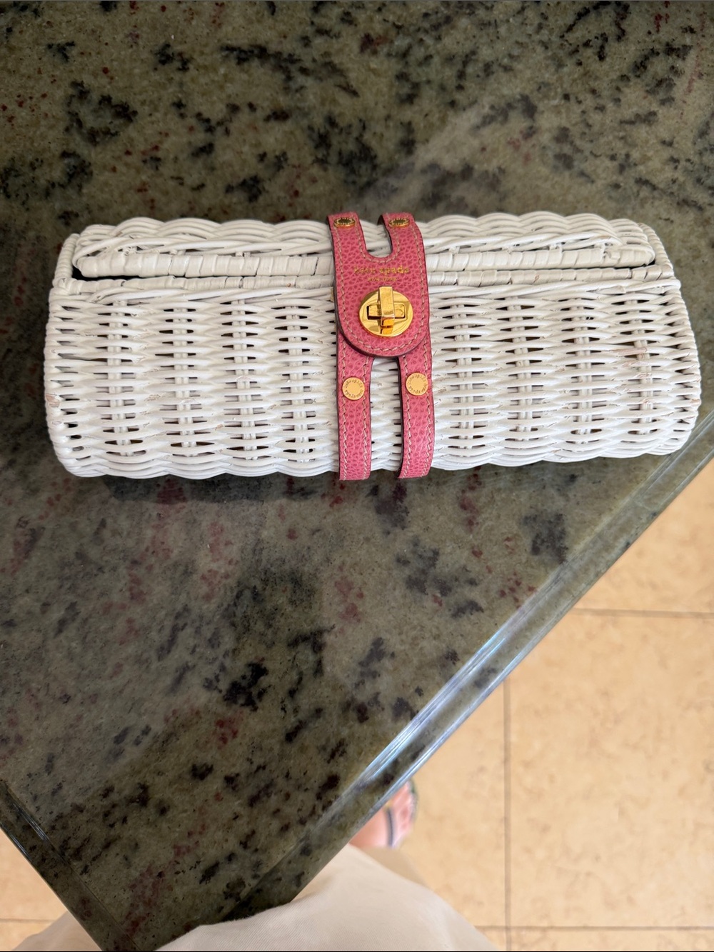 White Woven Roll Clutch with Pink Strap